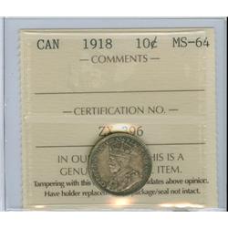 1918 10¢ ICCS MS-64 PQ+. Intense autumn shades over full underlying luster.  Wow! 