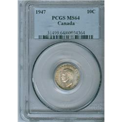 1947 10¢ PCGS MS64. Light toning over full underlying luster.  