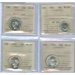 1952 10¢ - 1950 25¢.  Lot of four Mintstate coins all ICCS graded. Includes 1952 10¢ MS64, 1947 ML 2