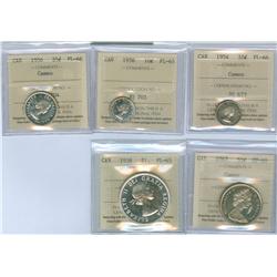 1954 10¢ PL66 Cameo, 1956 PL65, 1956 25¢ PL66 Cam, 1967 50¢ SP65 and 1958 $1 PL65.  Lot of 5 ICCS gr