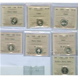 1954-1968 Nickel 10¢.  Lot of seven PL coins.  Includes 1954 PL64 cameo, 1955 PL64 Cam, 1956 PL65 HC