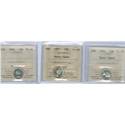 1954 10¢, 1957 10¢ PL65 HC and 1960 10¢ PL64.  Lot of 3 coins all ICCS graded.