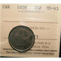 1858 20¢ ICCS MS63.  Well struck with nice rim tone on both obv and rev.