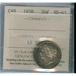 1858 20¢ ICCS MS63.  Well struck with nice rim tone on both obv and rev.