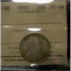 1910 25¢ ICCS MS-64. Light toning over full underlying luster.  Excellent strike with clean fields a
