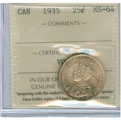 1935 25¢ ICCS MS64.  Lustrous with gold tint.