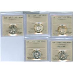1937 - 1950 25¢ ICCS MS64.  Lot of five coins including 1937, 1939, 1943, 1947ML and 1950. All Brill