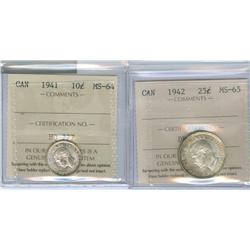 1942 25¢ ICCS MS65.  A gem example. Lot of two coins, including a 1941 10¢ MS64.