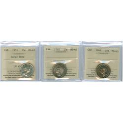 1946, 1948 and 1953 Large date.  Lot of 3 ICCS graded 25¢ coins, all MS63. 
