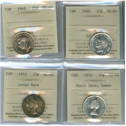 1946, 1949, 1953 Sm.date CAMEO and 1953 Large date.  Lot of 4 ICCS graded 25¢ coins, all MS64. 