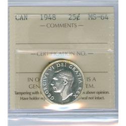 1948 25¢ ICCS MS64.  White with lots of lustre.