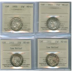 1949 MS63, 1950 MS63, 1952 LR MS60 (2).  Lot of 4 ICCS graded 25¢ coins, 