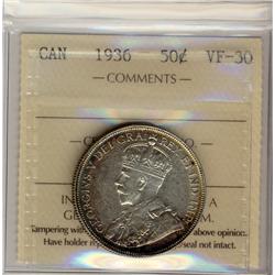 1936 50¢ ICCS VF30.  Attractive with light rim tone.