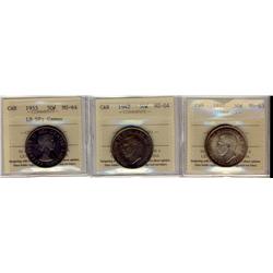 1937 50¢ MS63, 1942 50¢ MS64 and 1953 LD SF, cameo MS64.  Lot of three coins all ICCS graded.