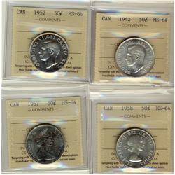 1942, 1952, 1958, 1967  Lot of 4 ICCS graded 50¢ coins, all MS64 and mostly brilliant. 