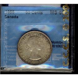 1955 50¢ CCCS graded MS-65, light russet tones over full underlying luster. A lovely example.  Rare 