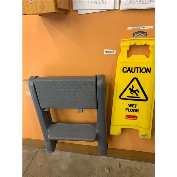 Caution wet floor sign and folding step stool