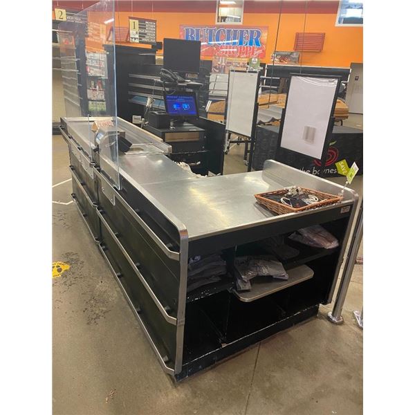 Pan Osten Check out counter stainless top with conveyor system and storage. bumper rails and plexi g