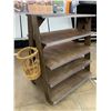 Image 2 : 5 Shelf Wooden 2 Sided Display Shelf with Hanging Side Basket approx 4 ft wide on wheels