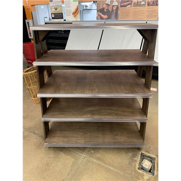 5 Shelf Wooden 2 Sided Display Shelf with Hanging Side Basket approx 4 ft wide on wheels