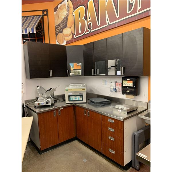 Complete Corner Unit Kitchen Cabinets with Stainless Steel Counter Top, includes all base and uppers