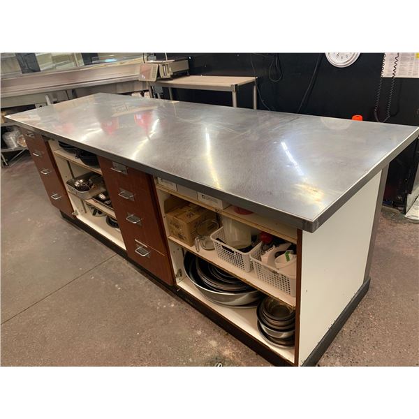 Large Millwork Stainless Steel Prep Table with cupboards and drawers storage ( contents not included