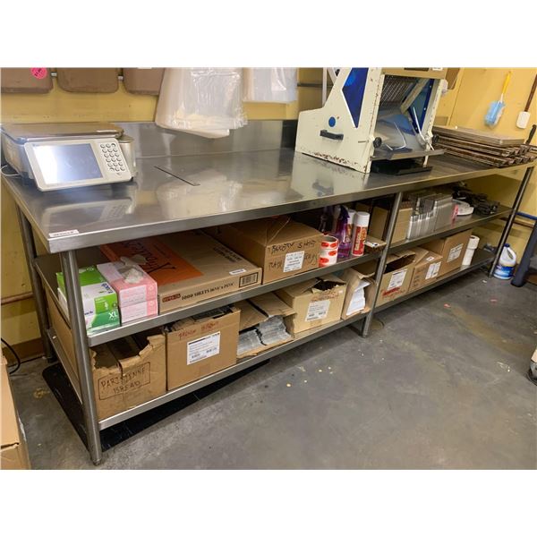 Large Stainless Steel Double Shelf Work Prep Table 30 x 118 inches, contents not included