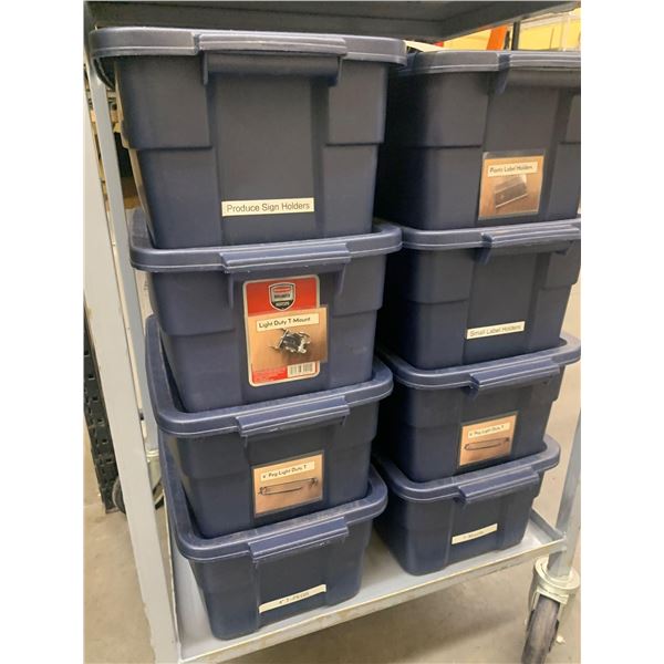 Lot of 8 rubbermaid blue totes full of pegboard display hooks with lids