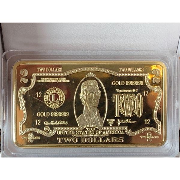 USA Declaration of Independence Commemorative $2.00 Gold Plated Wafer Bar NEW in Case