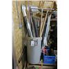 Image 1 : Rubbermaid Bin Full of Brooms, Handles, Shovels, Hand Rail, Misc.