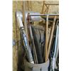 Image 2 : Rubbermaid Bin Full of Brooms, Handles, Shovels, Hand Rail, Misc.