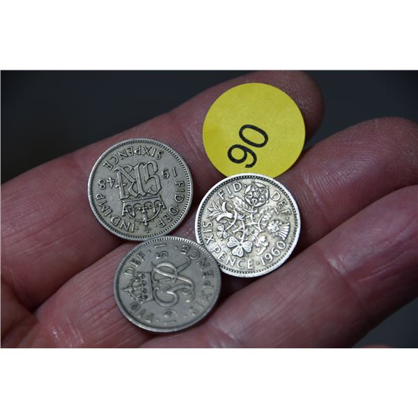 3 Britain 6 pence coins