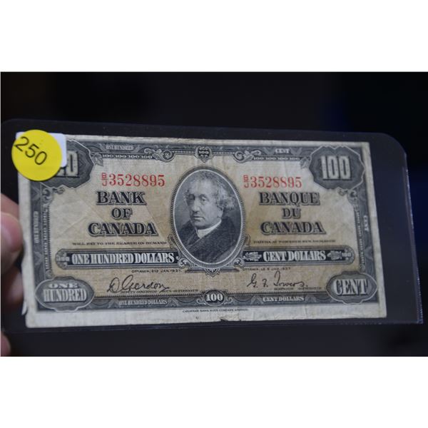 1937 Canada $100 One hundred dollar bank note