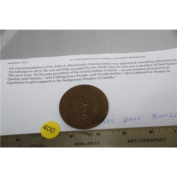 EXTREMELY rare Oronhyatekha First Native physician bronze medal