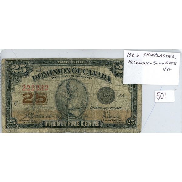 Canada 1923 25 Cents Shinplaster. McCavour-Saunders signatures. DC-24c. VG.