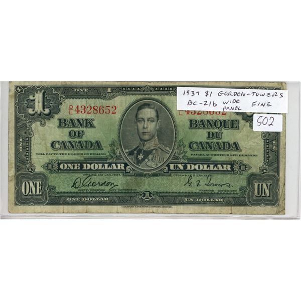 1937 $1. Gordon-Towers signatures. Wide Panel. D/L Prefix. BC-21b. Fine.