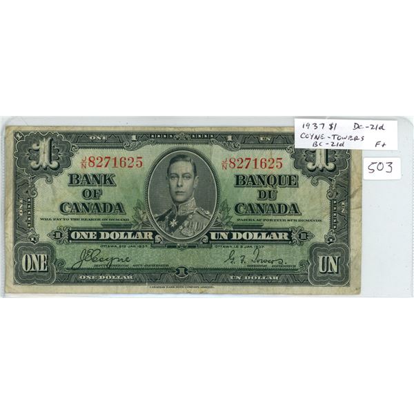 1937 $1. Coyne-Towers signatures. J/N Prefix. BC-21d. F+.