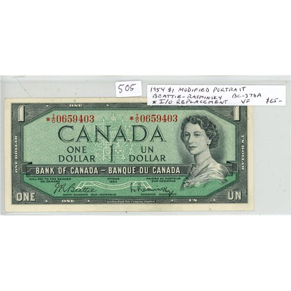 1954 Modified Portrait $1. Beattie-Rasminsky signatures. *I/O Replacement note. BC-37bA. VF.