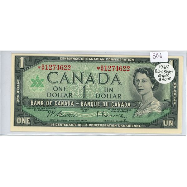 1967 $1. Beattie-Rasminksy signatures. *B/M Replacement note. BC-45bA-i. Unc.