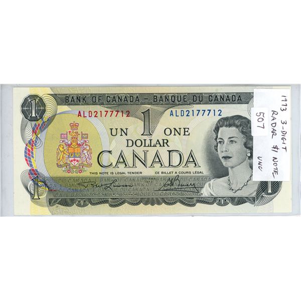 1973 $1 3-Digit Radar note. Lawson-Bouey signatures. ALD Prefix. Serial Number 2177712. BC-46a-i. Un