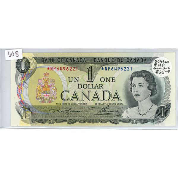 1973 $1. *NP Prefix Replacement note. Lawson-Bouey signatures. BC-46aA. Gem Unc.