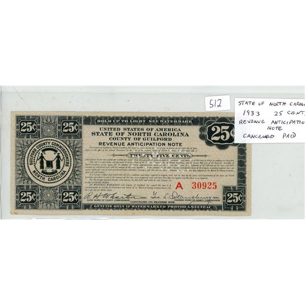 State of North Carolina 1933 25 Cents Revenue Anticipation Note. Punch Cancelled PAID. VF+.