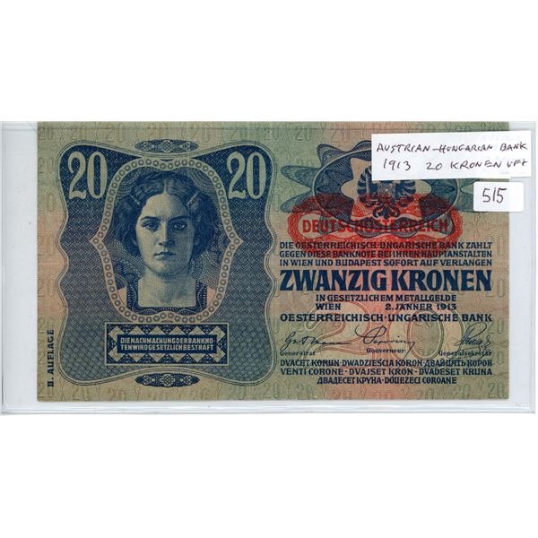 Austrian-Hungarian Bank. 1913 20 Kronen/Korona. Bilingual note in both German and Hungarian. With Re