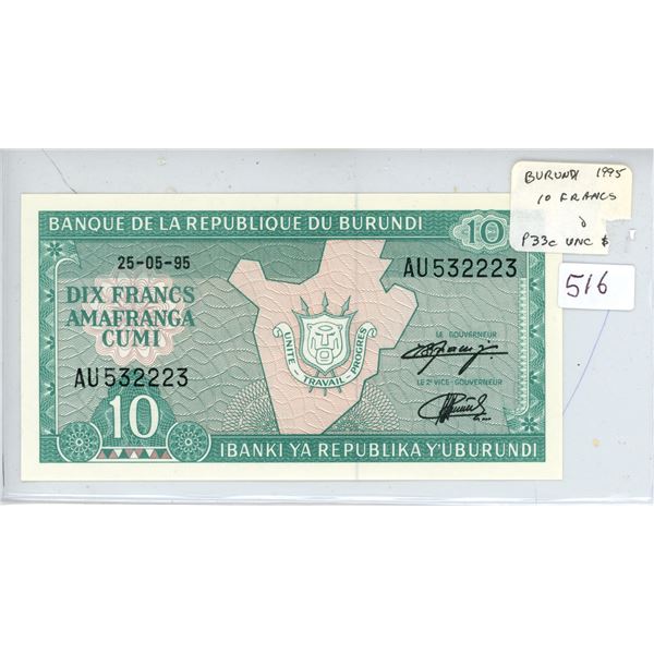 Burundi. 1995 10 Francs note. P-33c. Face has map of this little-known African country. Unc.