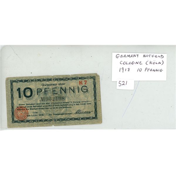 Germany. Cologne (Koln) 1918 10 Pfennig Notgeld. F.