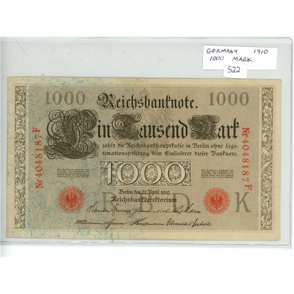 Germany. 1910 Reichsbanknote 1000 Mark. VF or better.