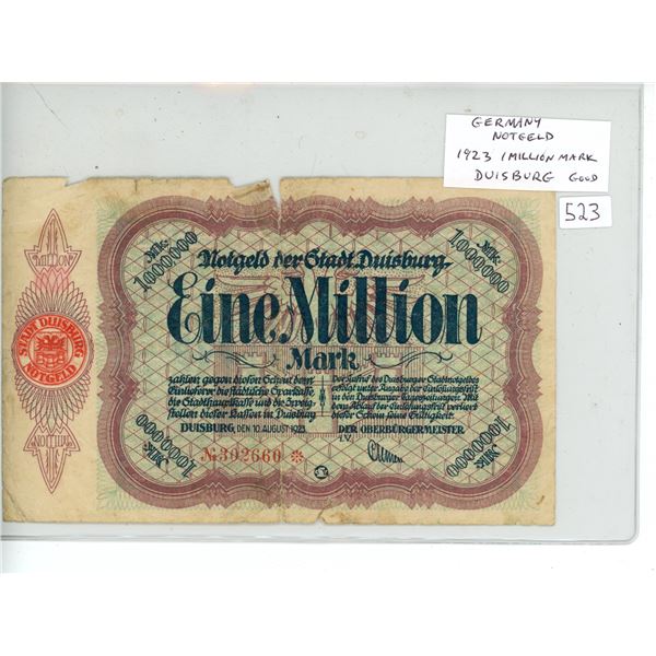 Germany. 1923 1 Million Mark Notgeld from Duisburg. Good.