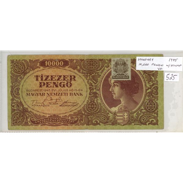 Hungary. 1945 10,000 Pengo with Magyar Nemzeti Bank stamp. VF.