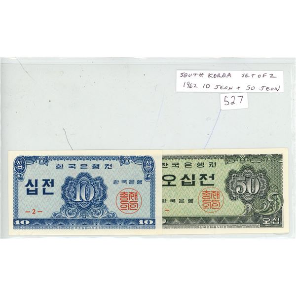South Korea. Set of 2 1962 notes: 10 Jeon & 50 Jeon. EF.