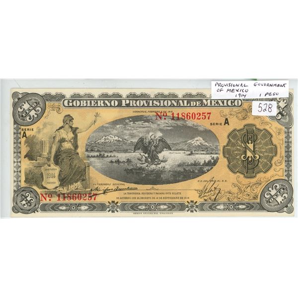 Provisional Government of Mexico. 1914 1 Peso. Series A. Unc. Scarce.